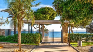 A pathway leading to a beach with a stone archway and a metal fence.