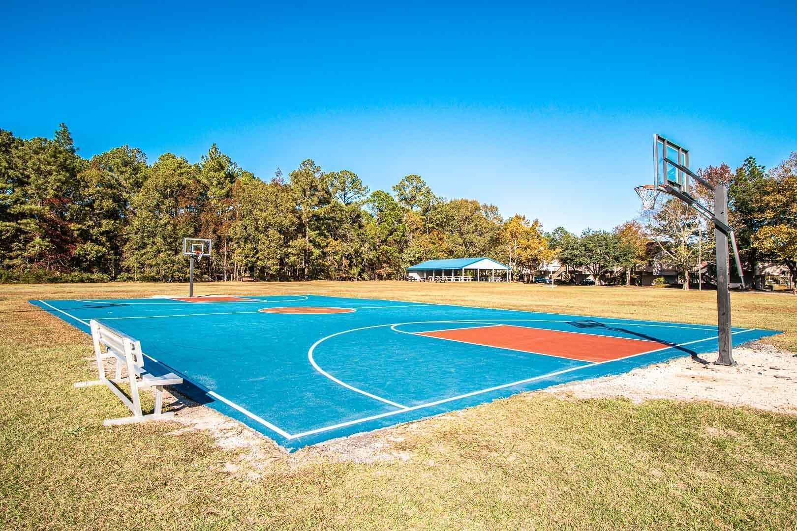 Ein Basketballplatz im Freien mit einer blau-roten Spielfläche, umgeben von Bäumen und einem überdachten Pavillon.