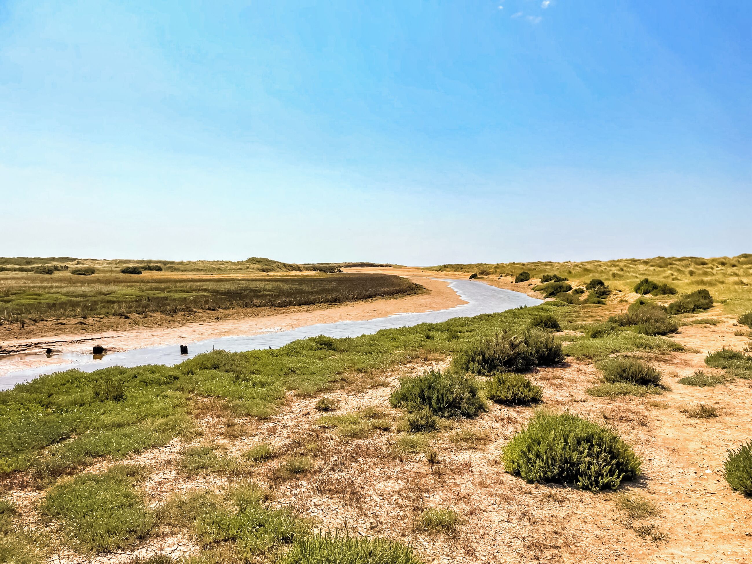 Un fiume serpeggia attraverso un paesaggio arido e erboso, con vegetazione rada.