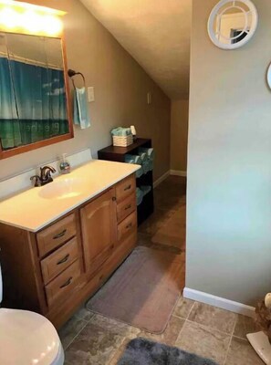 Shower, towels, toilet paper