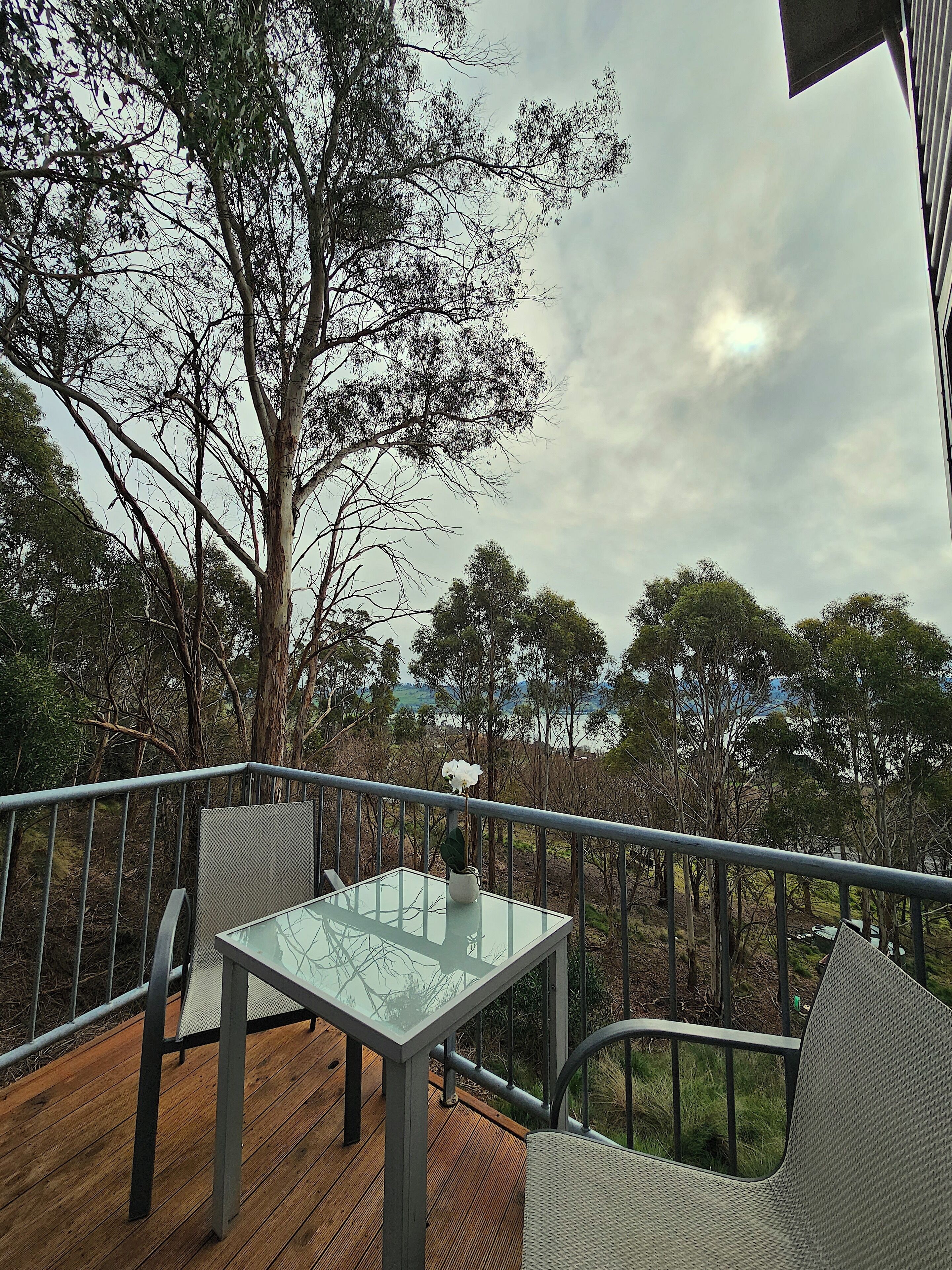 Eine Terrasse im Freien mit einem Glastisch und Stühlen, umgeben von Metallgeländern und Bäumen.