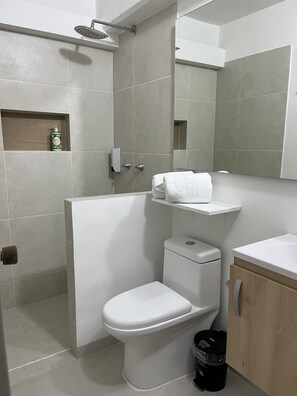 Un baño moderno con inodoro, bidé y ducha.