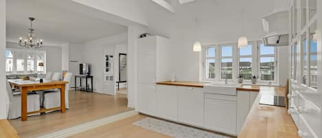 Fridge, stovetop, dishwasher, coffee/tea maker