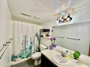 Combined shower/tub, hair dryer, towels, soap - Remodeled apartment in central location (Council Bluffs)