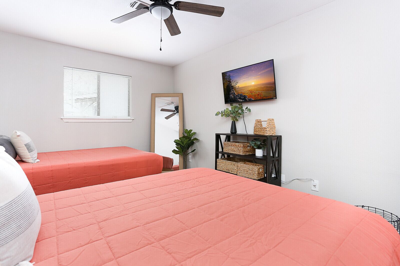 A bedroom with two beds, a ceiling fan, a TV, a window with blinds, and a wall-mounted shelf with baskets and a plant.