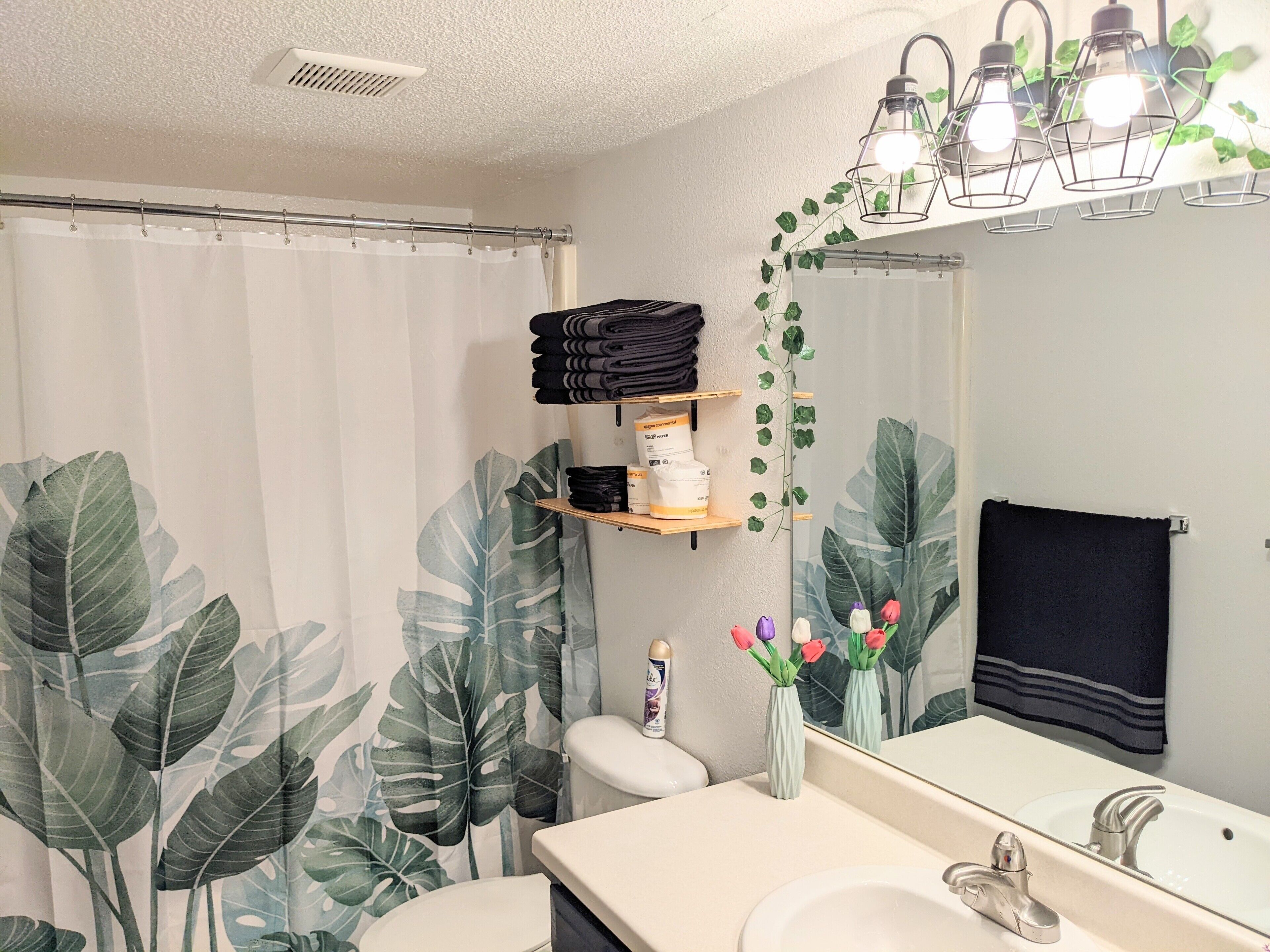 Combined shower/tub, towels, soap, toilet paper