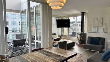 Smart TV, fireplace, books, music library