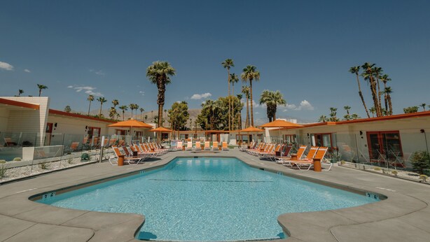 A pool area with lounge chairs and umbrellas, surrounded by palm trees and a clear sky. - Mojave Resort - Adults Only (Palm Desert)