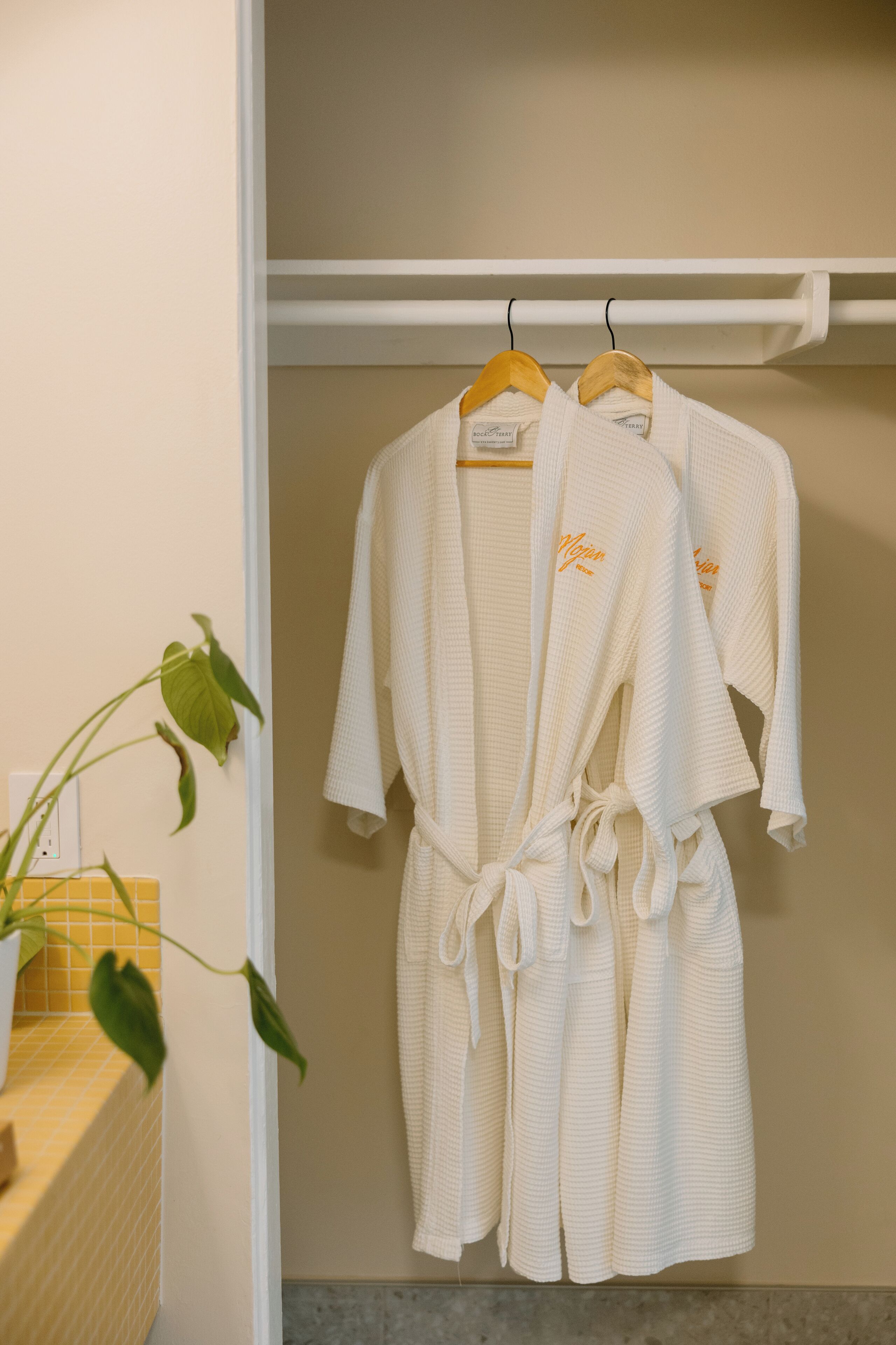 A bathroom with a white robe hanging on a rack, a potted plant, and a towel rack.