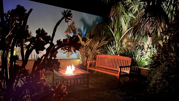 Un espace patio agrémenté d’un foyer, d’un banc en bois et de diverses plantes tropicales.