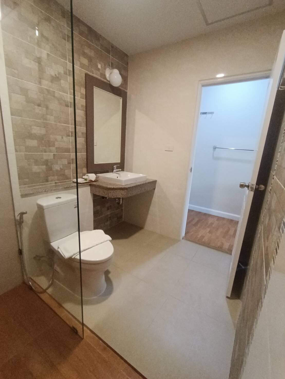 Shower, rainfall showerhead, hair dryer, soap