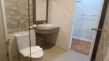 Shower, rainfall showerhead, hair dryer, soap