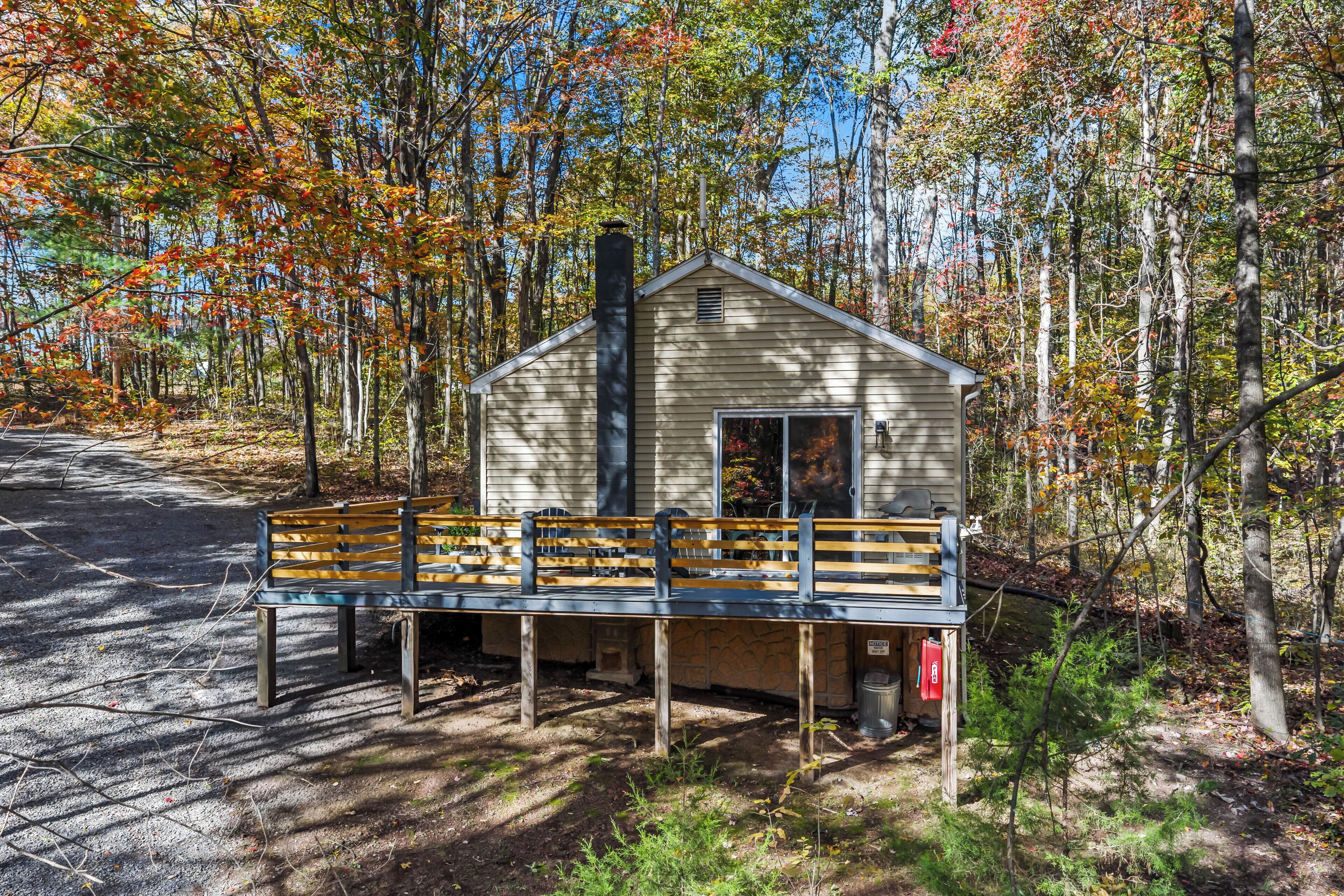 A cabin with a porch and a chimney, surrounded by trees.
