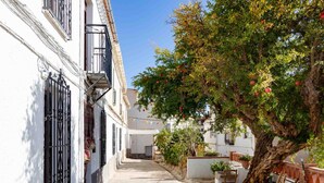 A narrow alleyway with white buildings, a tree with red fruits, and a white wall with a metal gate. - Rustic house with fireplace and wifi (Nigüelas)