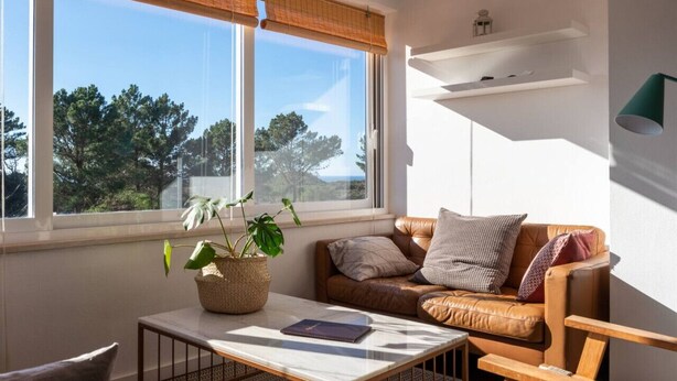 A cozy living area with a leather sofa, a coffee table, and a potted plant. - Rooftop Terrace Apartment - Beach House Clerigo by Lisbeyond (Aljezur)