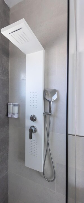 Hair dryer, towels, soap, shampoo