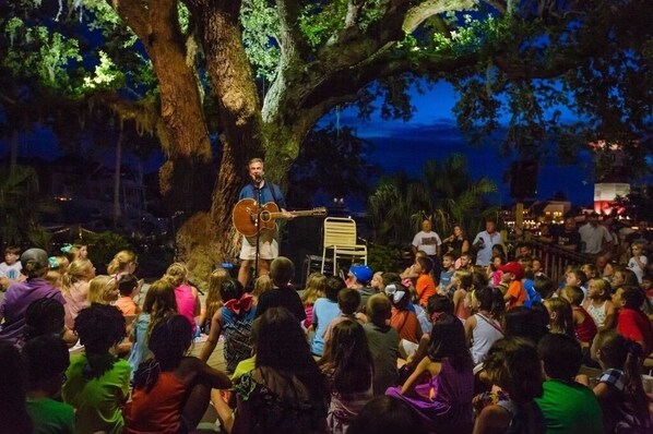 Un músico actuando en un escenario frente a una multitud en un espacio abierto.