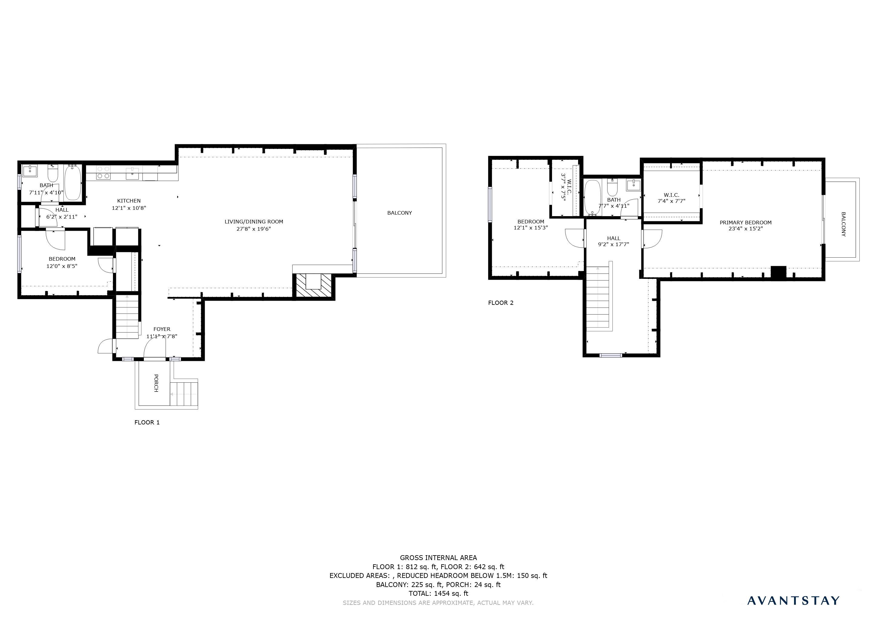 Floor plans of a building with two floors, including a living/dining room, kitchen, bedrooms, bathroom, foyer, and balcony.