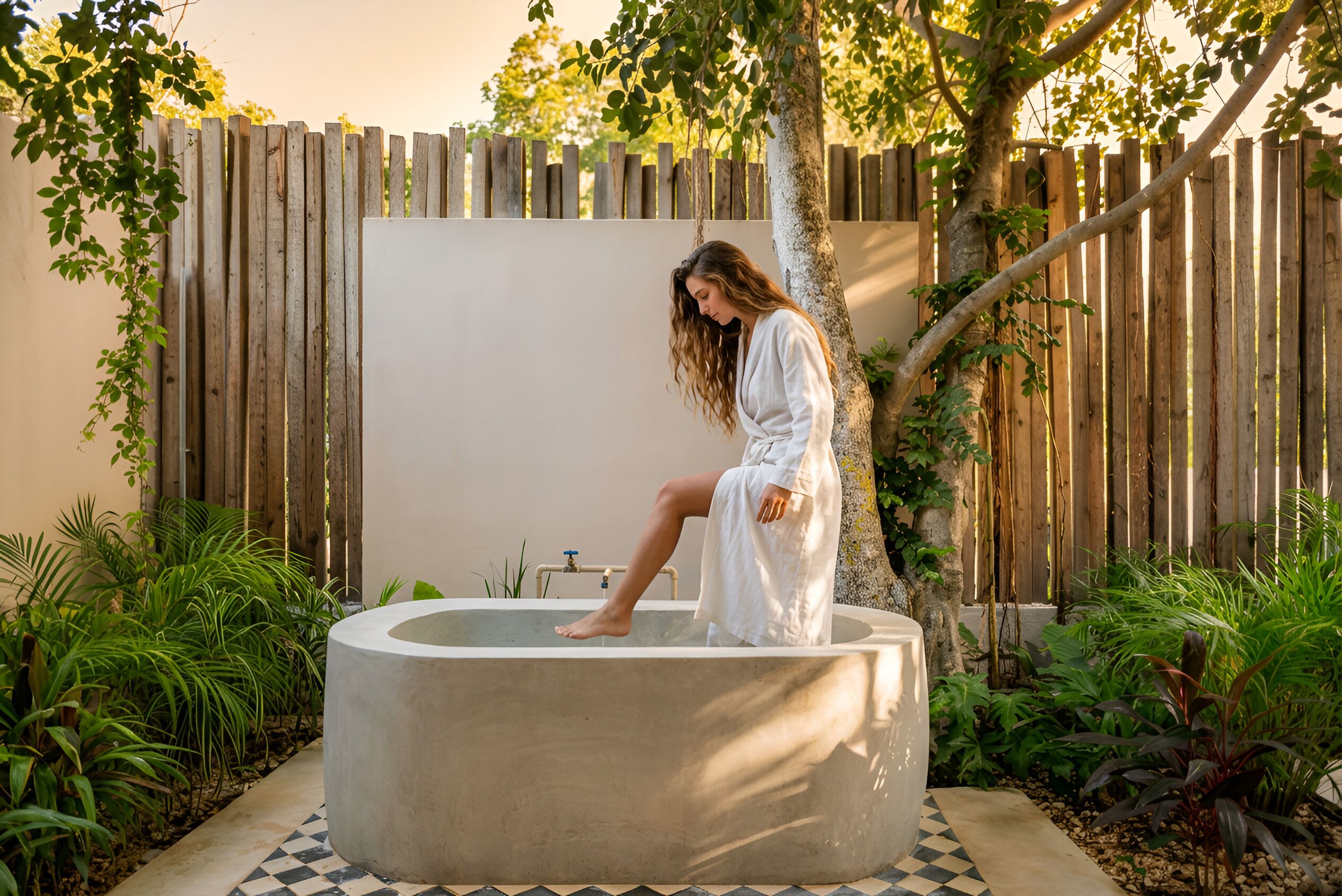 A person sitting on a circular concrete structure in a garden with a wooden fence and greenery in the background.