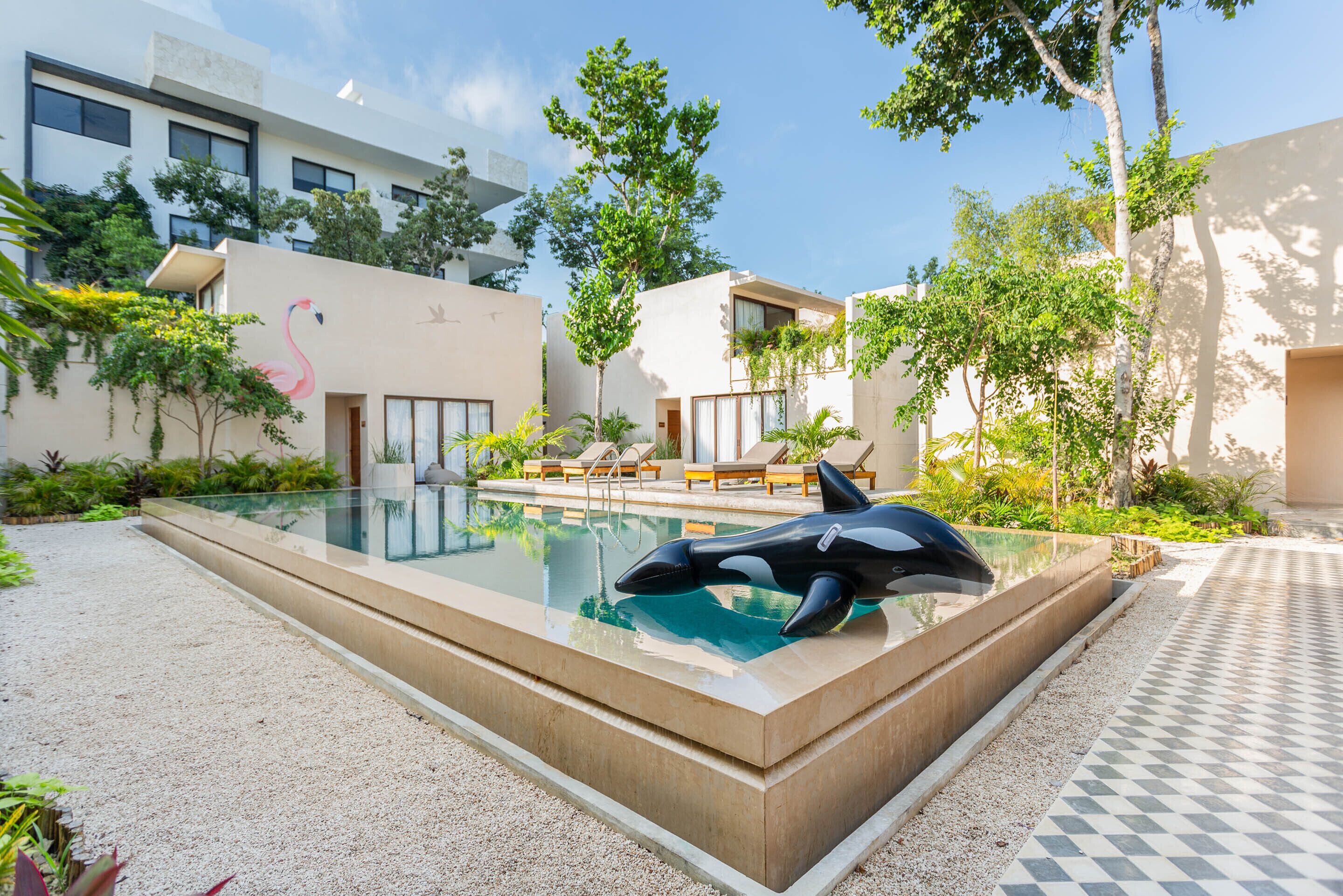 A swimming pool with a dolphin sculpture, surrounded by lounge chairs and greenery.