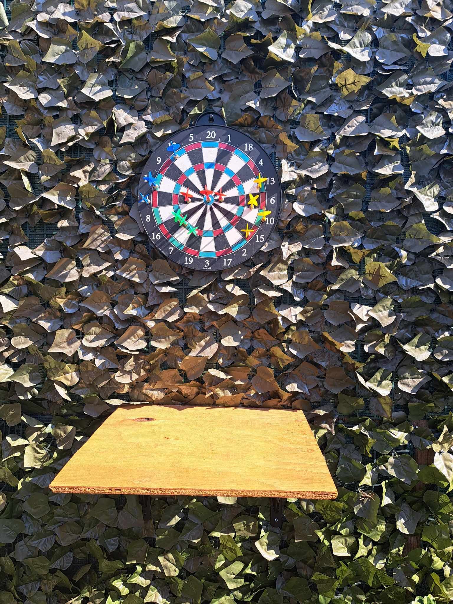 A dartboard mounted on a wall covered with leaves.