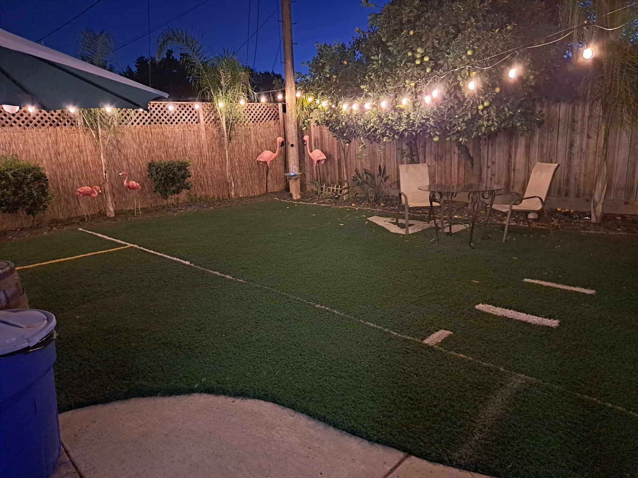 A backyard with artificial turf, a wooden fence, and string lights.