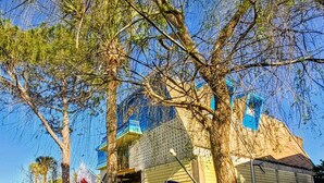 Une maison avec un garage, un arbre et un drapeau.