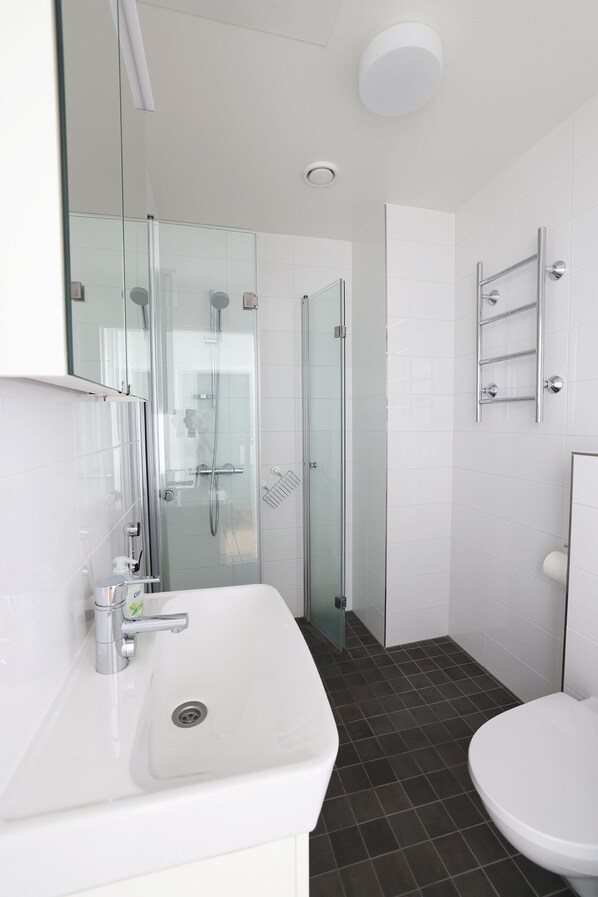 A modern bathroom with a glass-enclosed shower, a white sink with a chrome faucet, and a toilet.