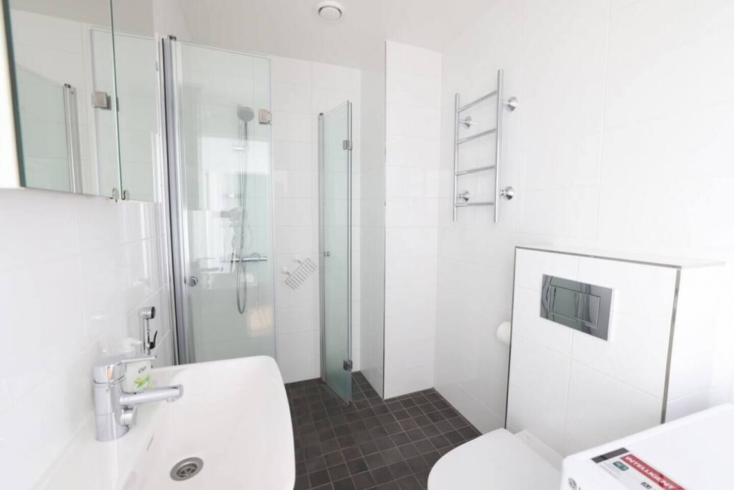 Un baño moderno con cabina de ducha de vidrio, un lavabo blanco y un inodoro.