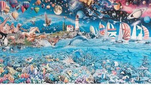 A vibrant mural with diverse wildlife, including zebras, giraffes, and various birds, set against a backdrop of a blue sky with hot air balloons and sailing ships.