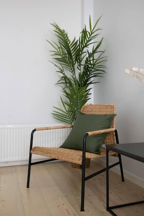 A wicker chair with a cushion, a small table, and a tall green plant in a room with white walls and wooden flooring.