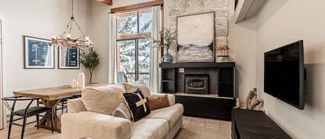 Smart TV, chimenea, libros