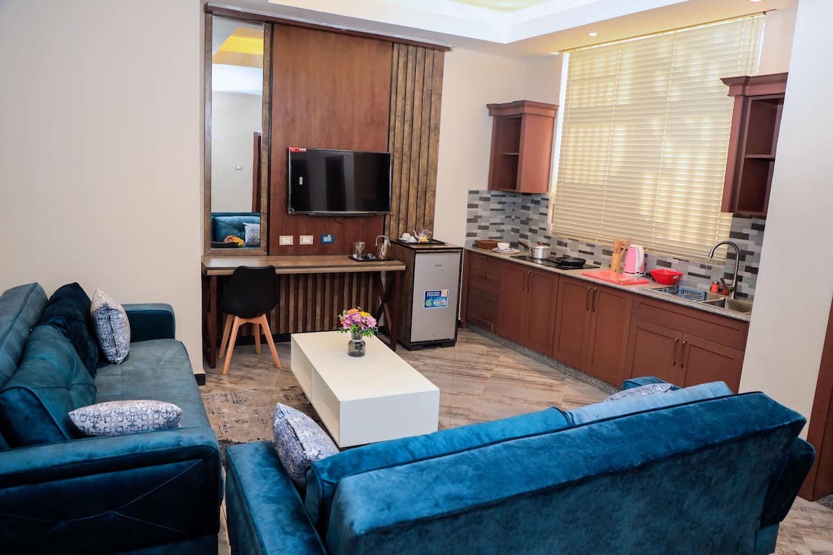 Un espace de vie compact comprenant un canapé, une table basse, un téléviseur et une kitchenette.