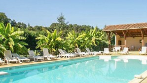 Una piscina con lettini e una zona relax coperta, circondata da palme da cocco.