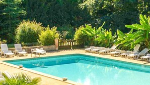 A rectangular swimming pool with a tiled edge, surrounded by white lounge chairs and greenery.