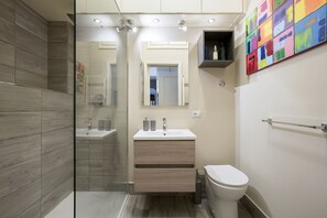 Shower, hair dryer, towels, toilet paper