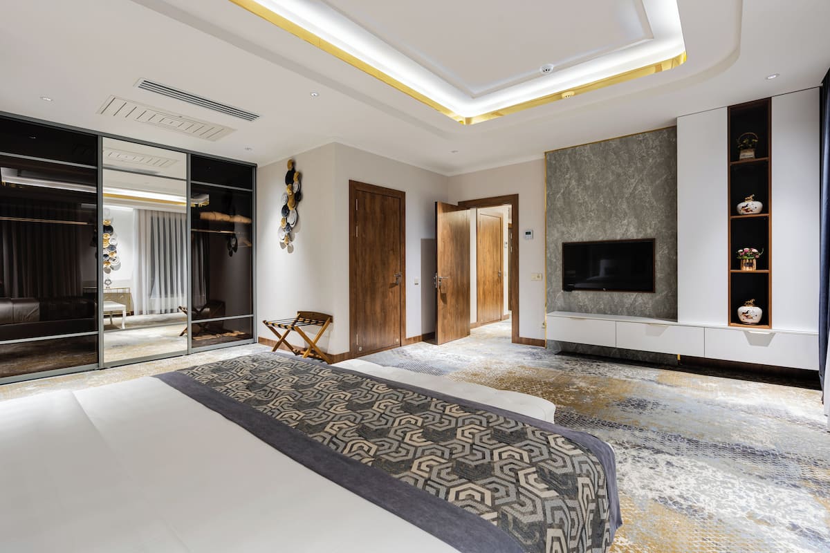 A modern bedroom with a large bed, a TV mounted on the wall, and a walk-in closet.