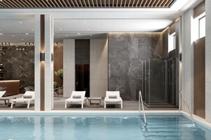 Indoor pool, open 7:00 AM to 11:00 AM, sun loungers, lifeguards on site