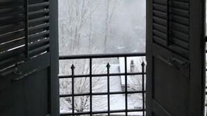 Une vue à travers des volets ouverts sur un paysage enneigé, avec des arbres sans feuilles et un ciel nuageux.