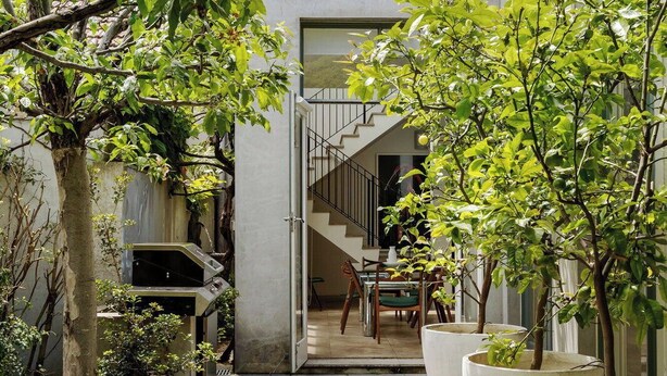 Un sendero estrecho bordeado por grandes macetas, que conduce a un edificio moderno con una escalera y un área de comedor visible a través de una puerta abierta.