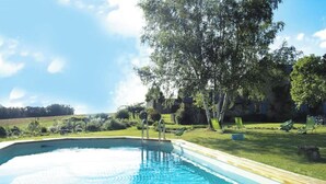 A swimming pool with a clear blue water surface, surrounded by a grassy area with several lounge chairs and a large tree providing shade. - GÎTE DE LA COLLINE AUX FRAMBOISES (Oloron-Sainte-Marie)
