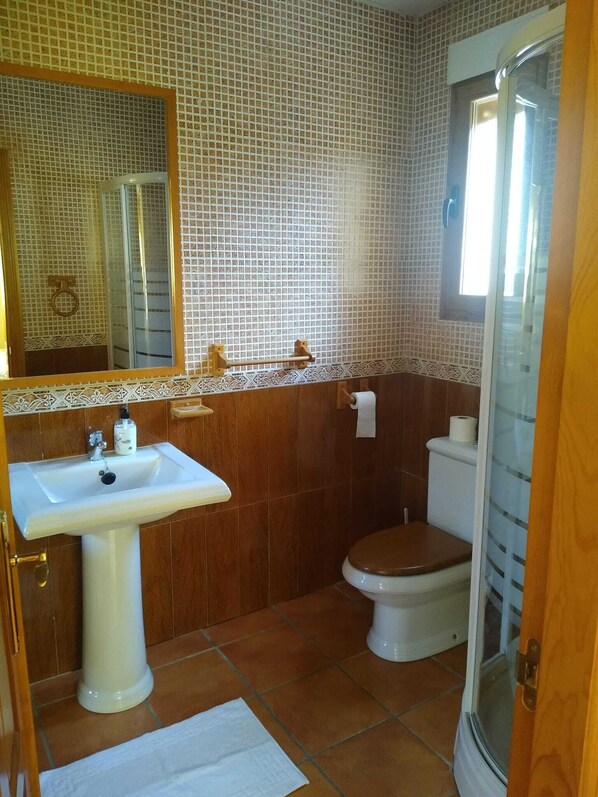 Ein Badezimmer mit Waschbecken, Toilette und Duschkabine.