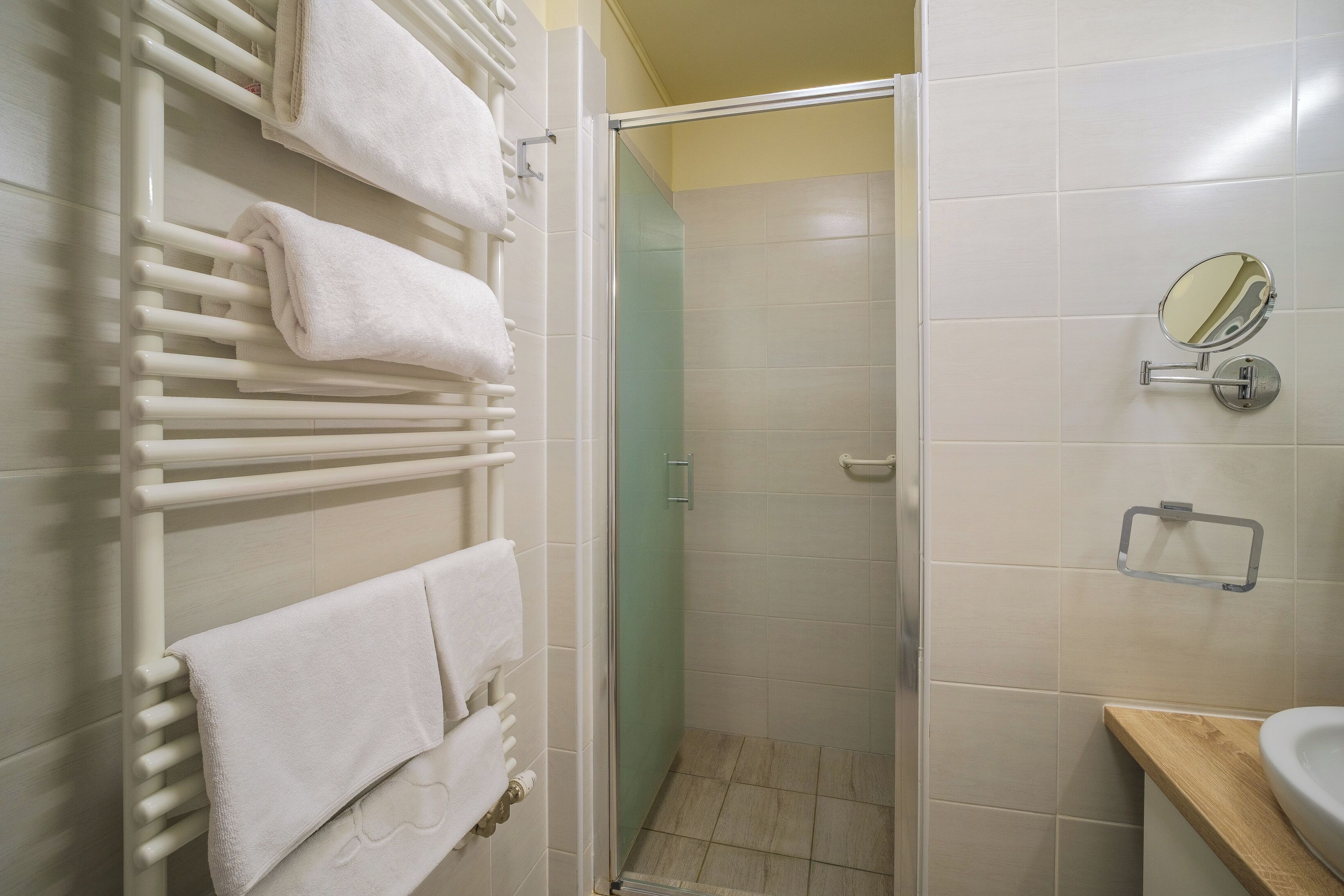 A bathroom with a glass shower enclosure, a white towel rack, a mirror, and a sink.