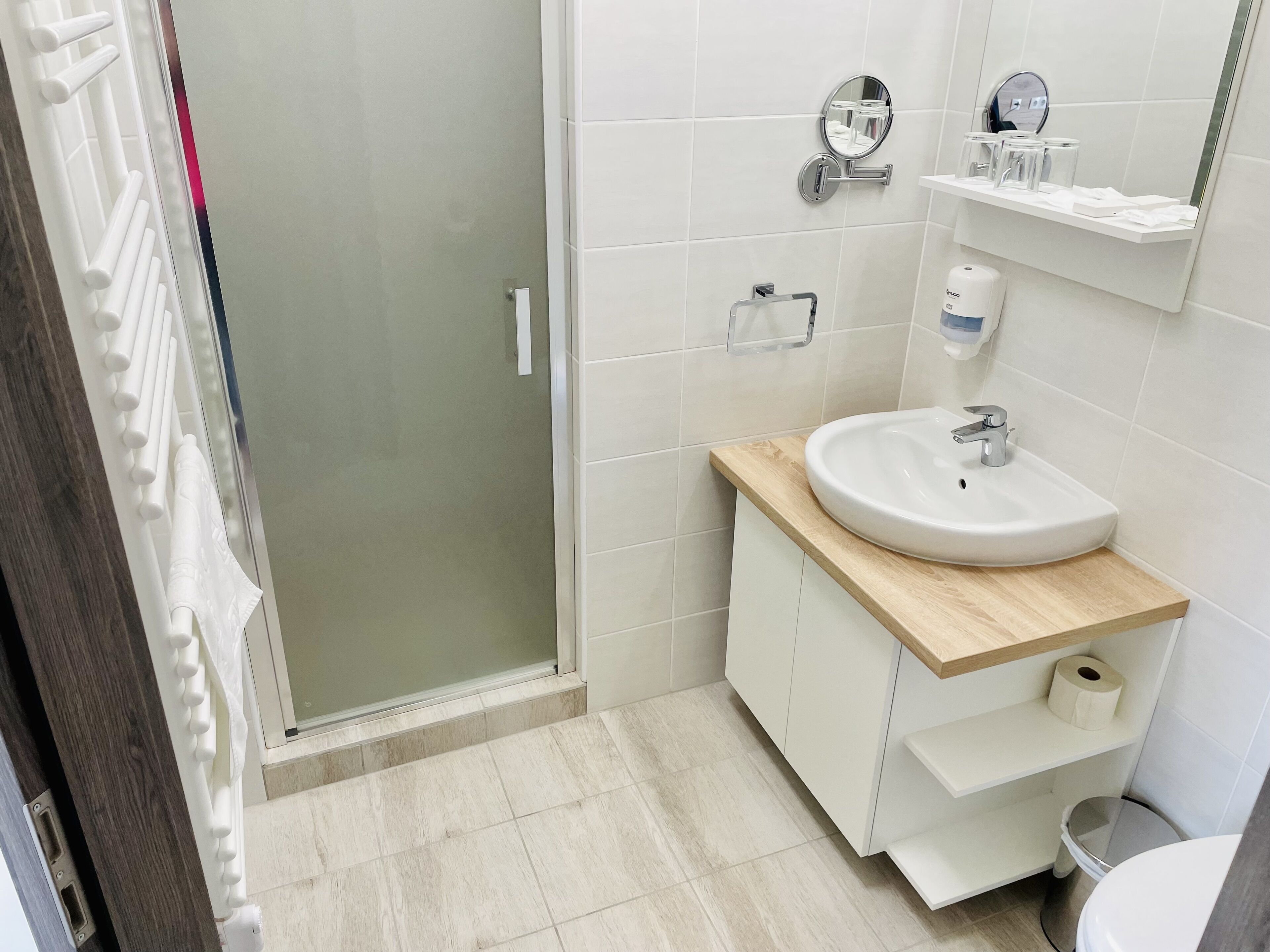 A modern bathroom with a glass shower enclosure, a white sink with a wooden countertop, and a mirror above the sink.