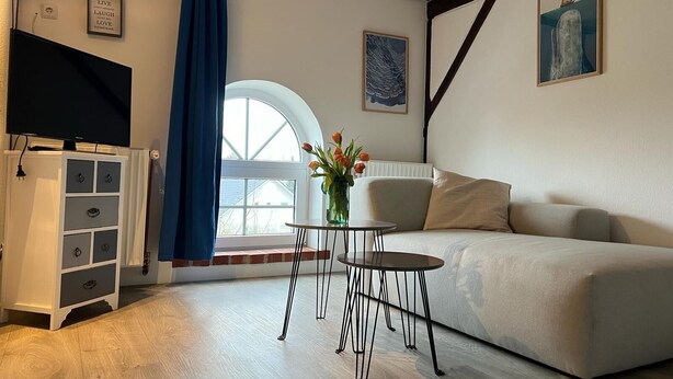 A modern living room with a sofa, a TV, a small table with a vase of flowers, and a window with curtains. - Landlord Doppelzimmer  22 (Kopendorf auf Fehmarn)