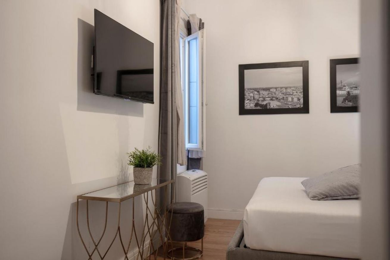 Une chambre moderne avec un lit, un téléviseur fixé au mur, une petite table avec une plante et deux tableaux encadrés accrochés au mur.