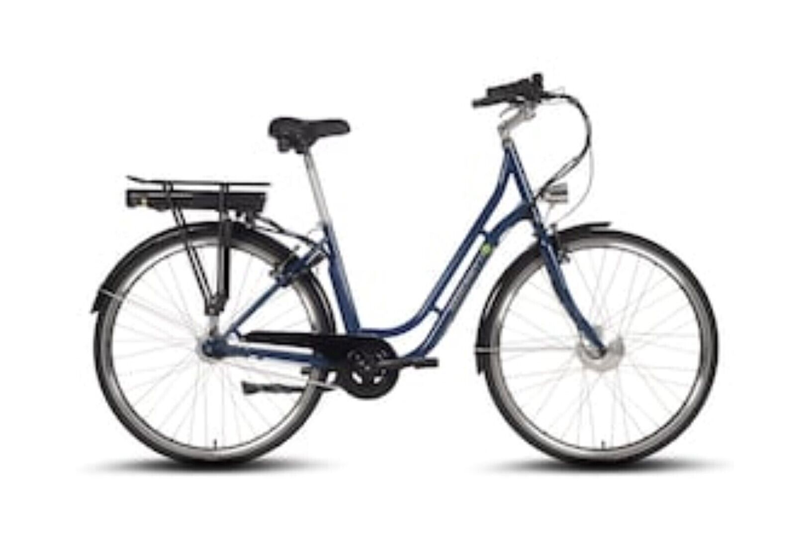 A stationary bicycle with a front basket and a rear rack.