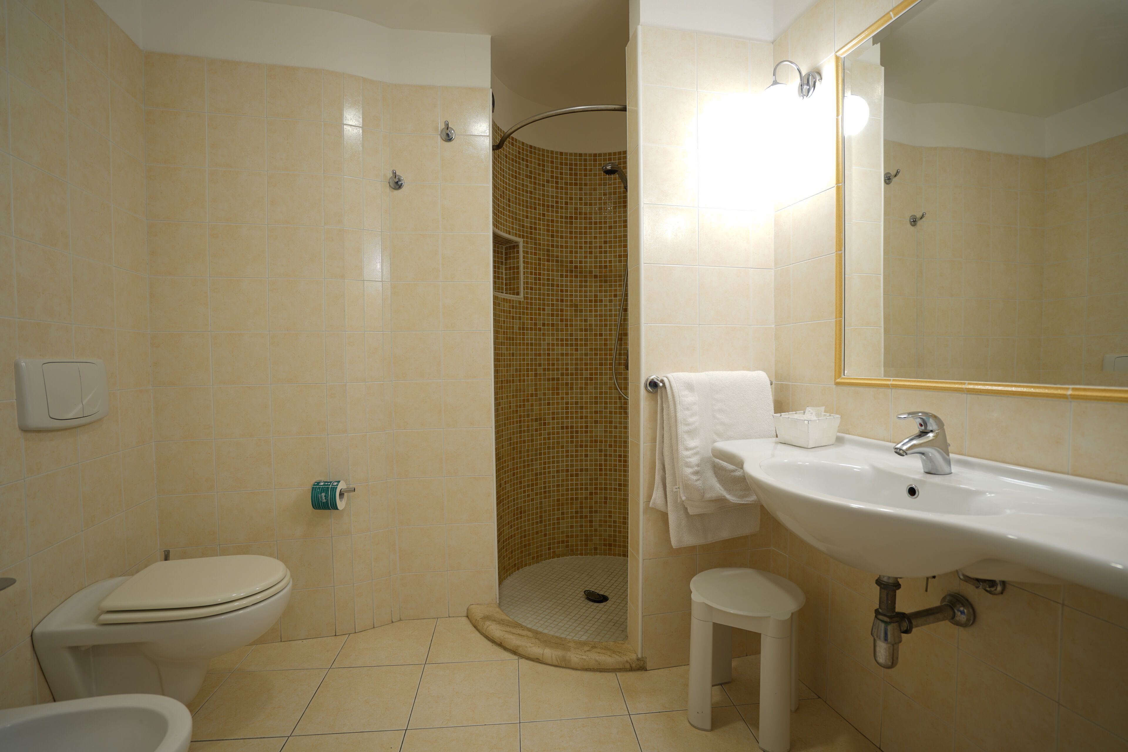 Un bagno con WC, bidet, lavandino e zona doccia.