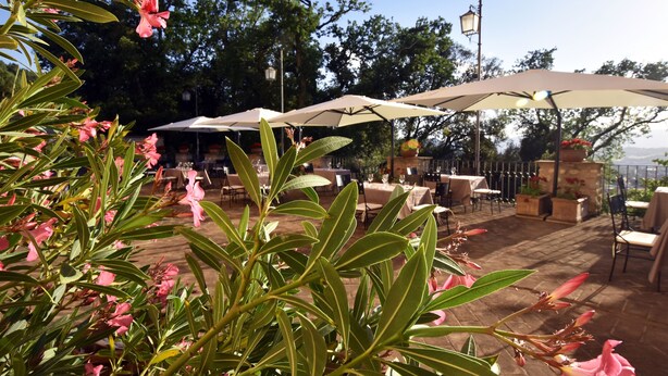 An outdoor patio area with tables and umbrellas, surrounded by greenery and trees. - Agriturismo Villino Bellavista (Spoleto)