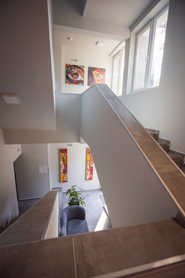 A modern interior with a staircase, artwork on the walls, and a plant.